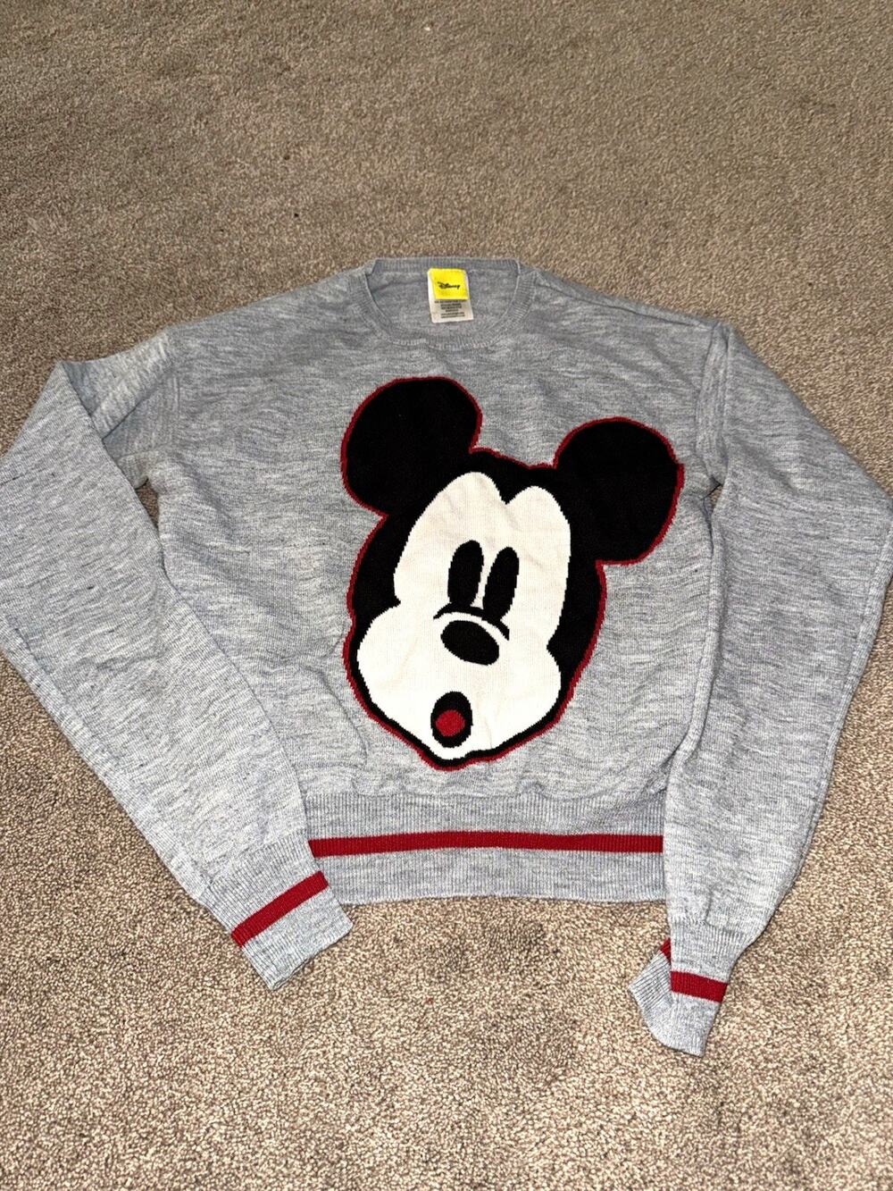 Disney Mickey Mouse Gray Tight-Knit Graphic Crewneck Pullover Sweater Womens S